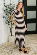 Hazel Blues® |  PREORDER: Cap Sleeve Maxi Dress in Black and Tan Stripe