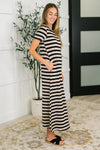 Hazel Blues® |  PREORDER: Cap Sleeve Maxi Dress in Black and Tan Stripe