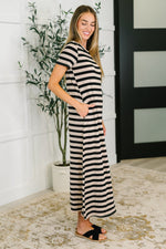 Hazel Blues® |  PREORDER: Cap Sleeve Maxi Dress in Black and Tan Stripe