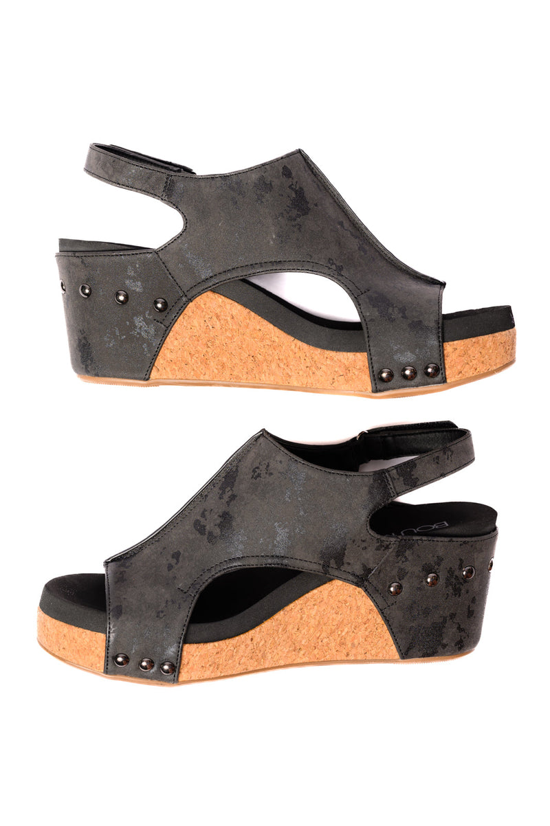 Hazel Blues® |  Carley Wedge Sandals in Black Metallic