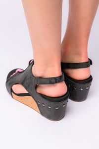 Hazel Blues® |  Carley Wedge Sandals in Black Metallic