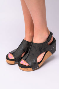 Hazel Blues® |  Carley Wedge Sandals in Black Metallic