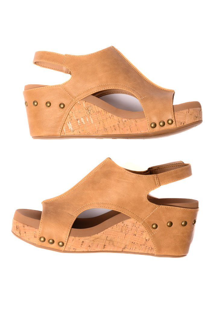 Hazel Blues® |  Carley Wedge Sandals in Caramel Smooth