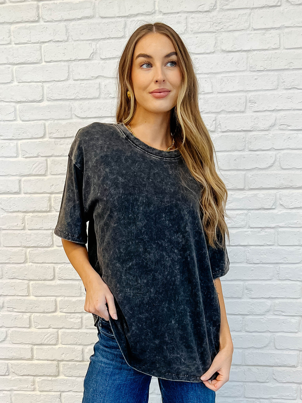 Hazel Blues® |  Casual Basic Drop Shoulder Oversized Tee in Ash Black