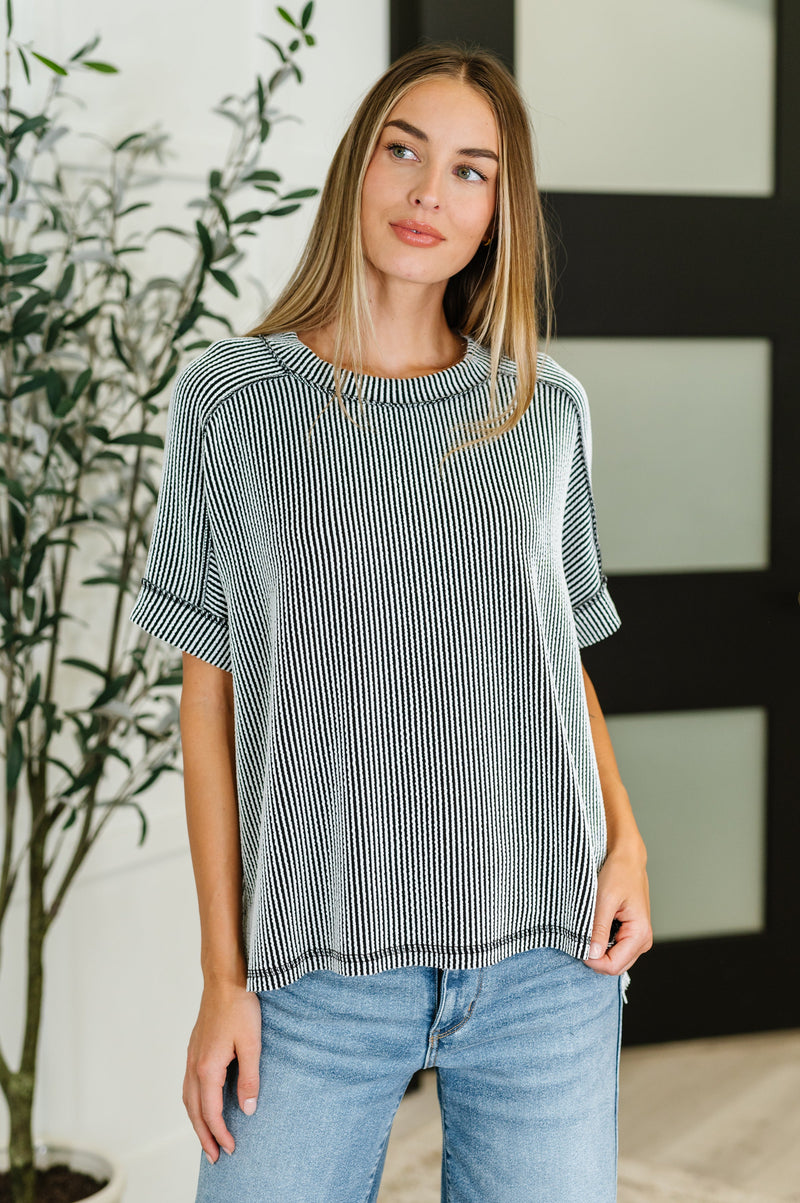 Hazel Blues® |  Catch Me Loungin’ Cable Ribbed Knit Top in Black and White