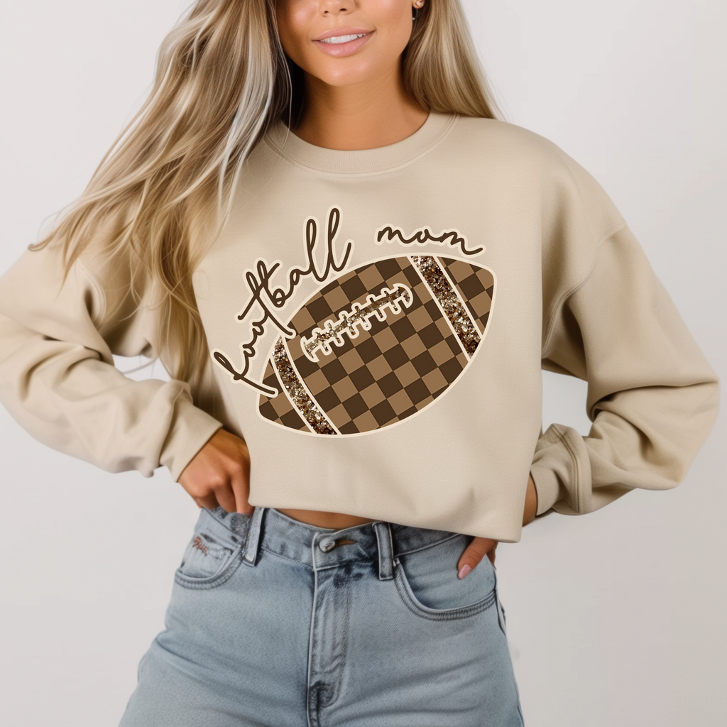 Hazel Blues® |  Check Football Mom in Sand Sweatshirt