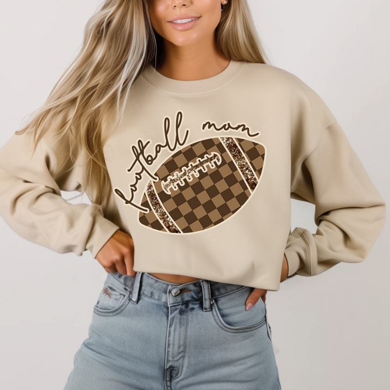 Hazel Blues® |  Check Football Mom in Sand Sweatshirt