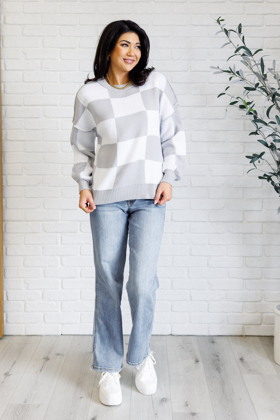 Hazel Blues® |  Check Yourself Checkered Sweater in Grey