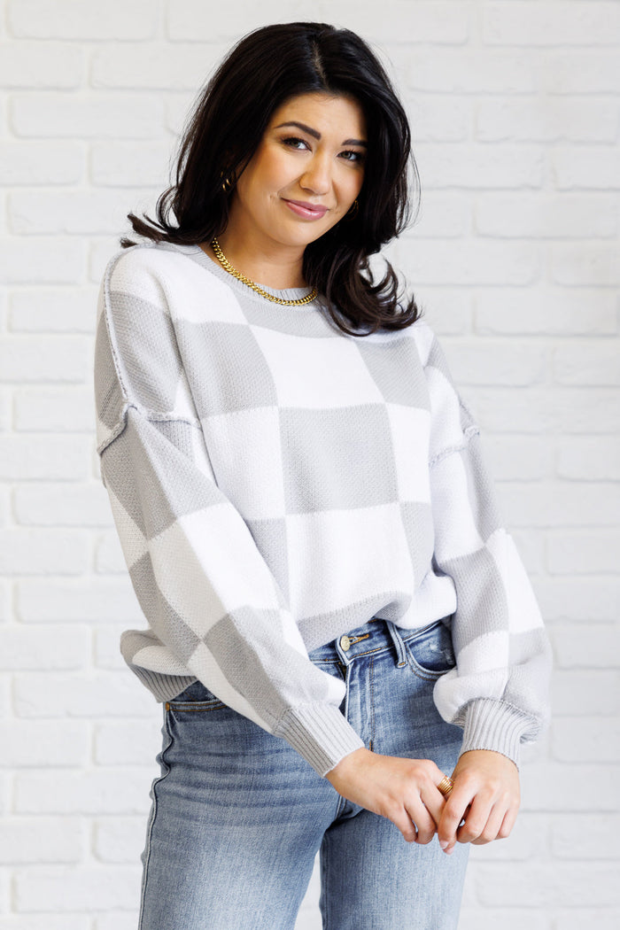 Hazel Blues® |  Check Yourself Checkered Sweater in Grey