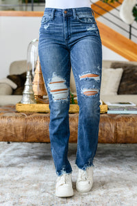 Hazel Blues® |  Christine High Contrast Slim Bootcut Destroyed Jeans