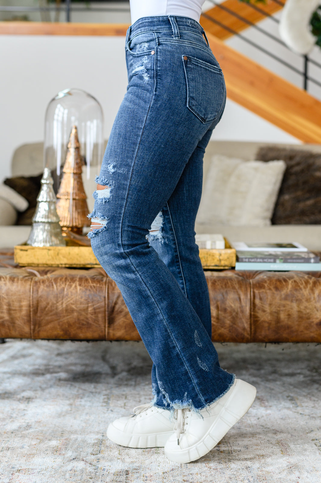 Hazel Blues® |  Christine High Contrast Slim Bootcut Destroyed Jeans