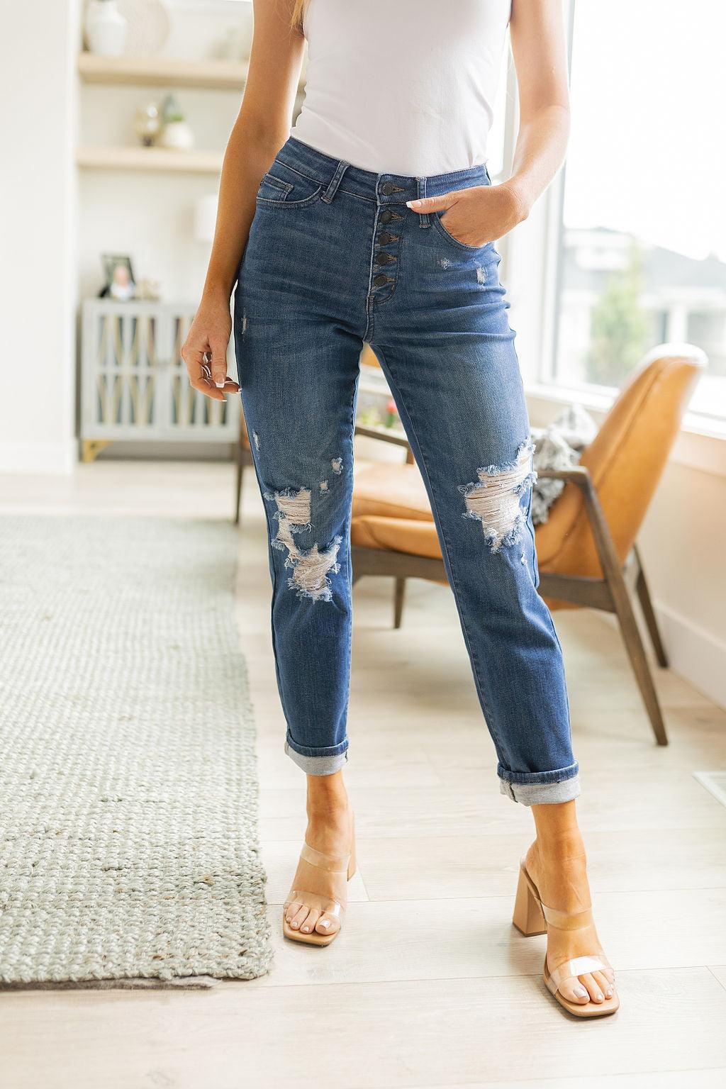 Hazel Blues® | Colt High Rise Button Fly Distressed Boyfriend Jeans - Hazel Blues®