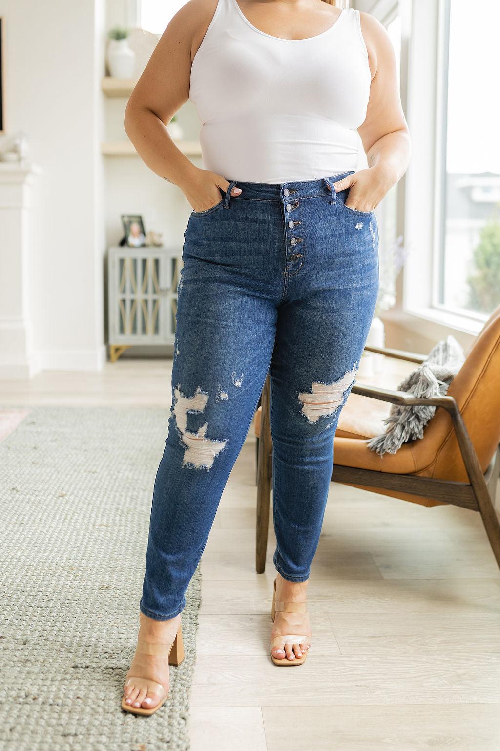 Hazel Blues® | Colt High Rise Button Fly Distressed Boyfriend Jeans