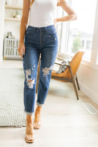 Hazel Blues® | Colt High Rise Button Fly Distressed Boyfriend Jeans - Hazel Blues®