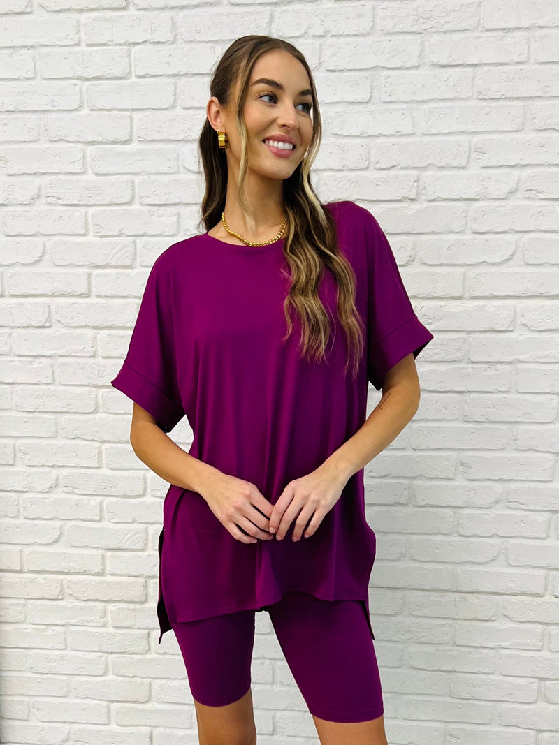 Hazel Blues® |  Comfy Cruising Top and Biker Shorts Set in Lt Plum