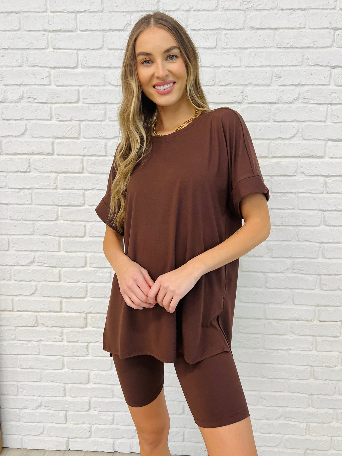 Hazel Blues® |  Comfy Cruising Top and Biker Shorts Set in Mahogany