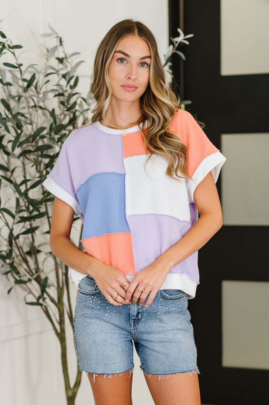 Hazel Blues® |  Contrast Club Color Block Top in Lilac, Orange and Denim