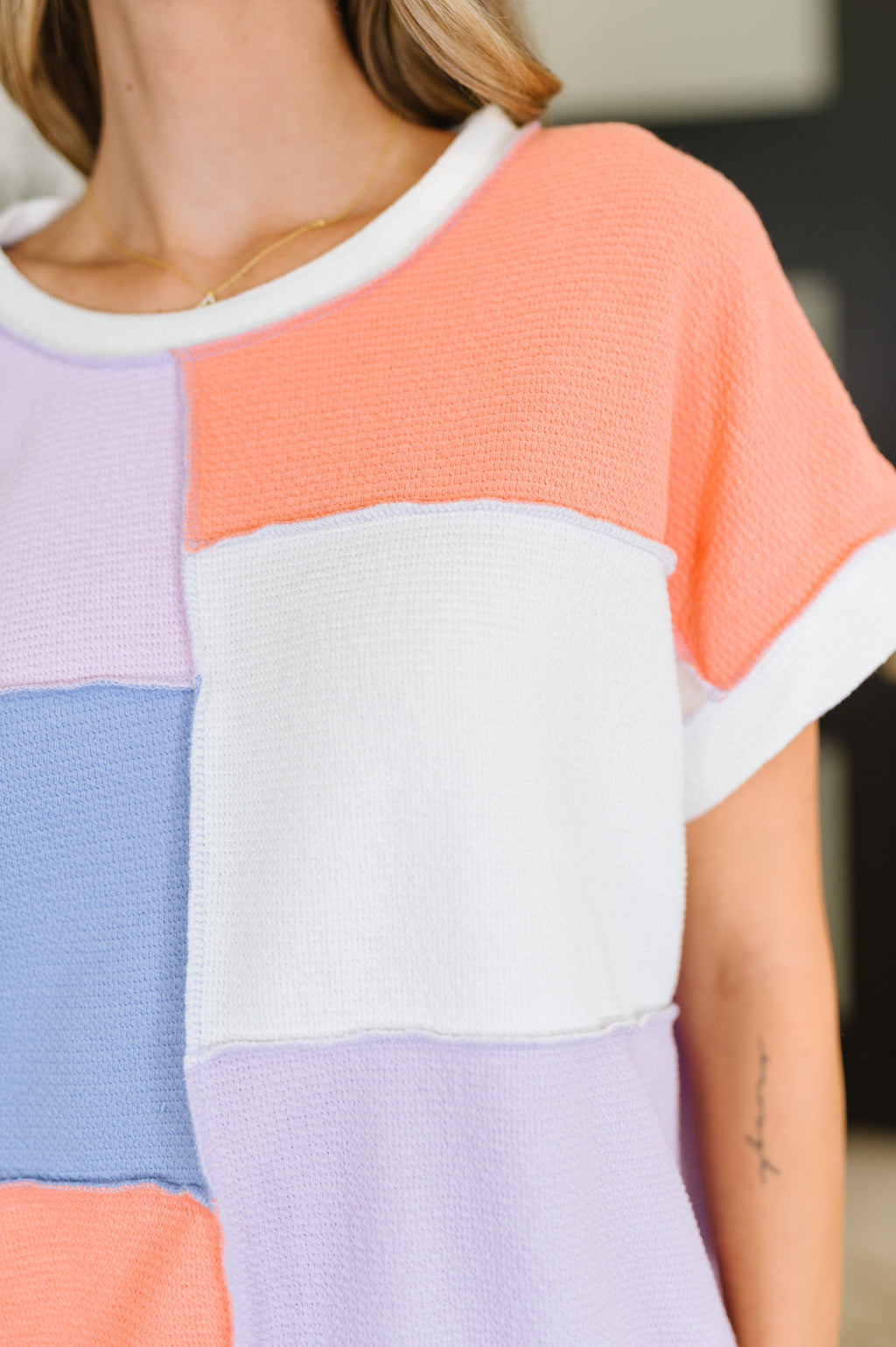 Hazel Blues® |  Contrast Club Color Block Top in Lilac, Orange and Denim