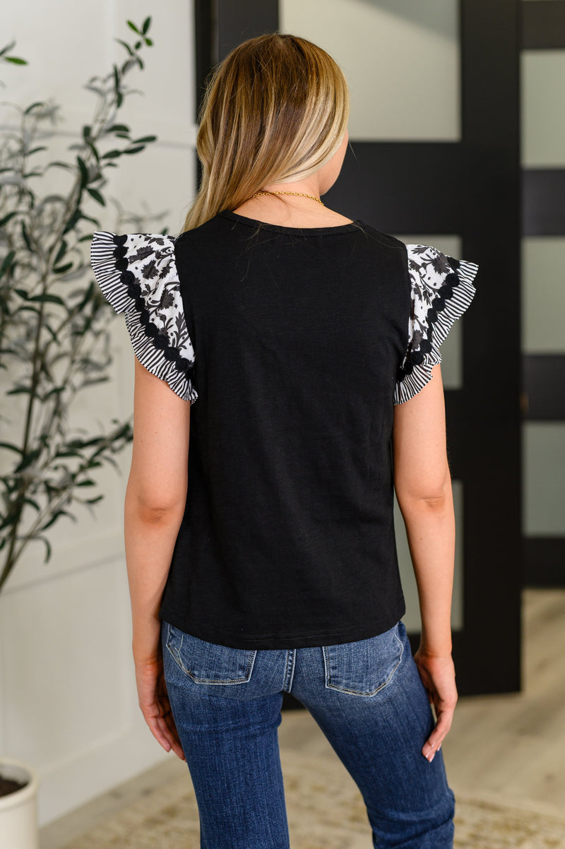 Hazel Blues® |  Contrast Flutter Sleeve Top in Black