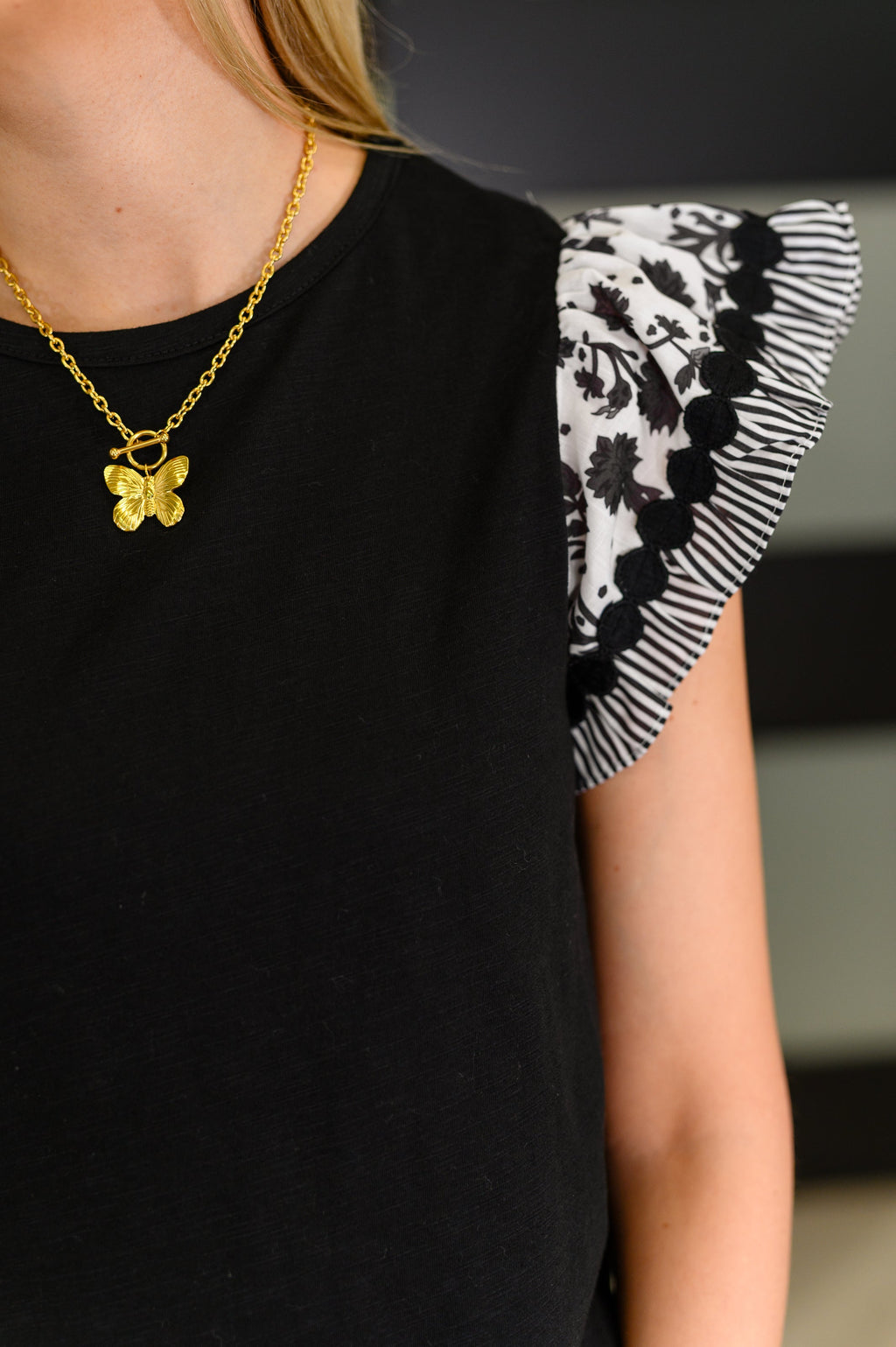 Hazel Blues® |  Contrast Flutter Sleeve Top in Black