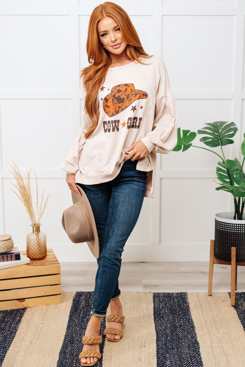 Hazel Blues® |  Cow Girl Graphic Pullover in Stone