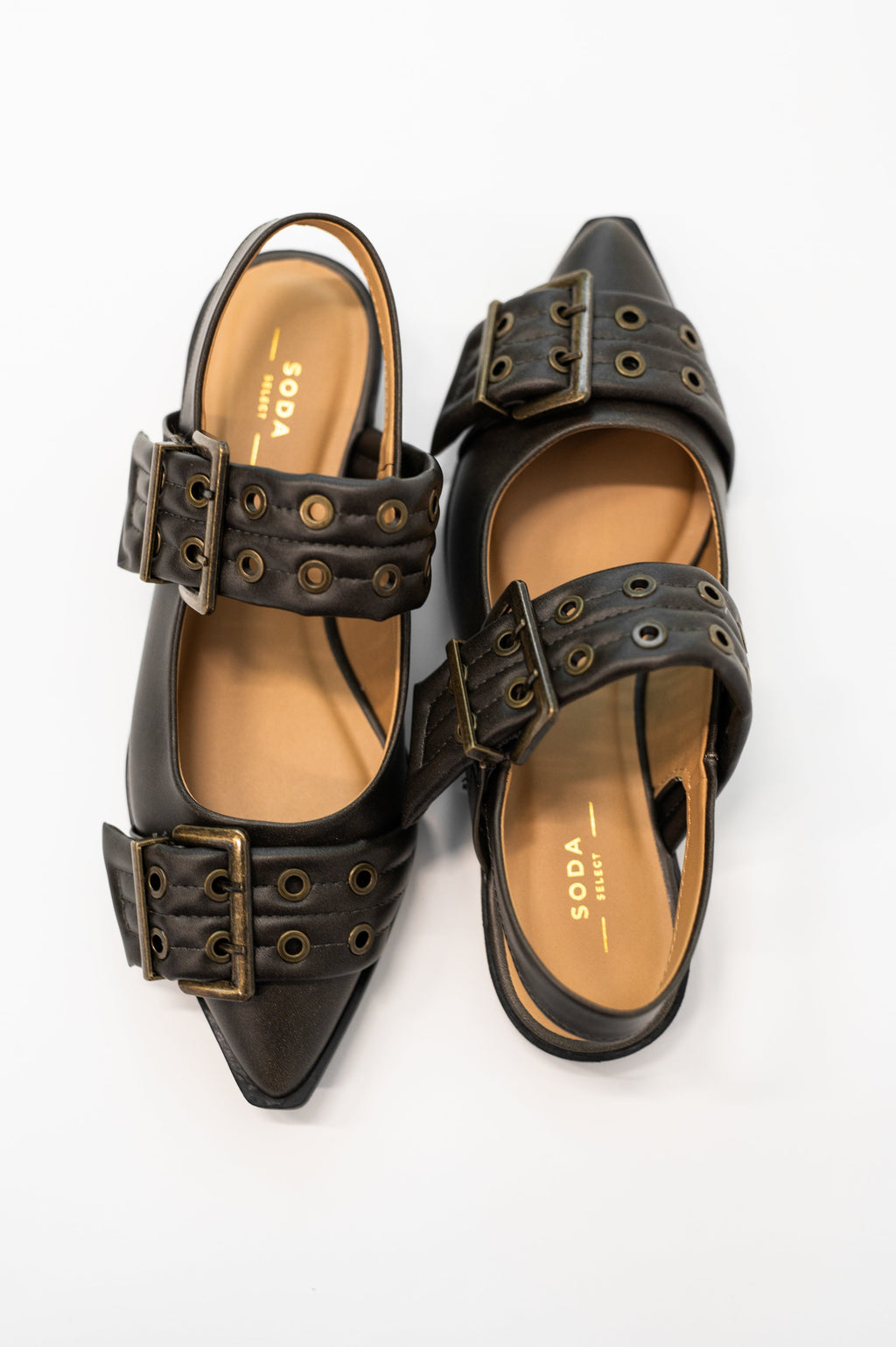 Hazel Blues® |  Crazy Train Buckle Pointy Toe Flats