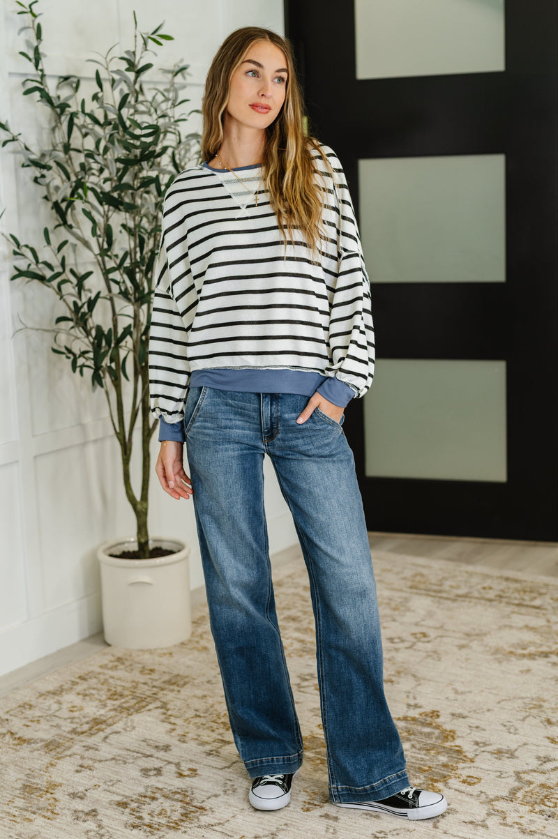 Hazel Blues® |  Cute in Comfort Crew Neck Pullover in White, Black and Denim