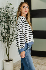 Hazel Blues® |  Cute in Comfort Crew Neck Pullover in White, Black and Denim