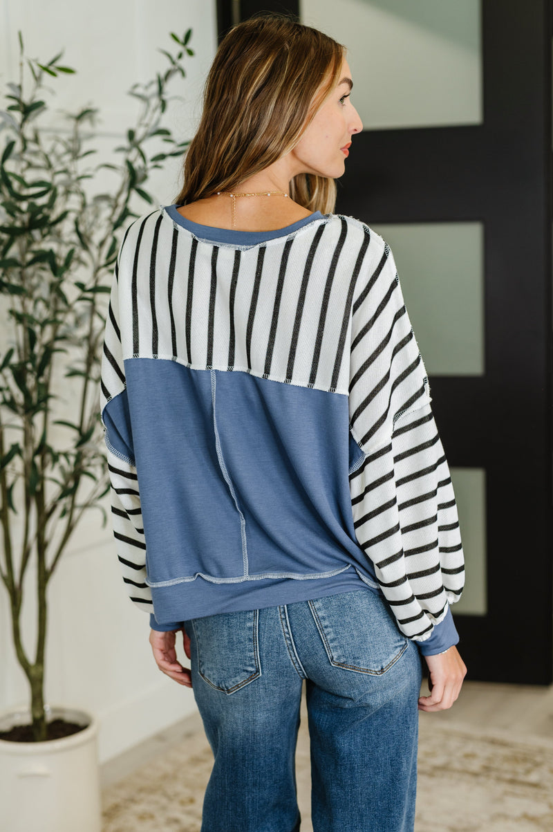 Hazel Blues® |  Cute in Comfort Crew Neck Pullover in White, Black and Denim