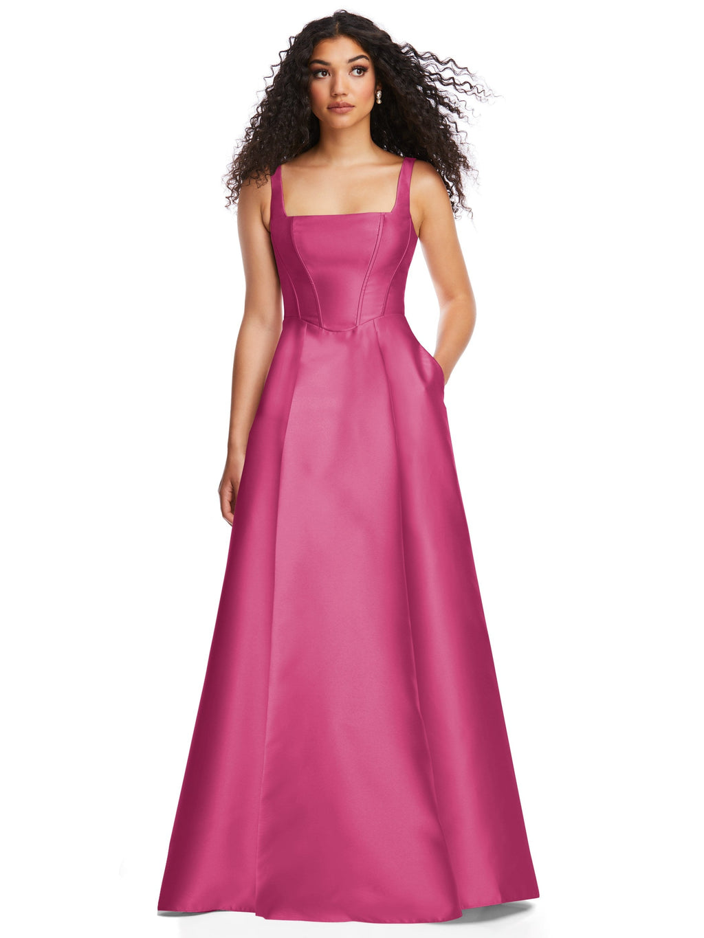 Boned Corset Closed-Back Satin Gown with Full Skirt and Pockets