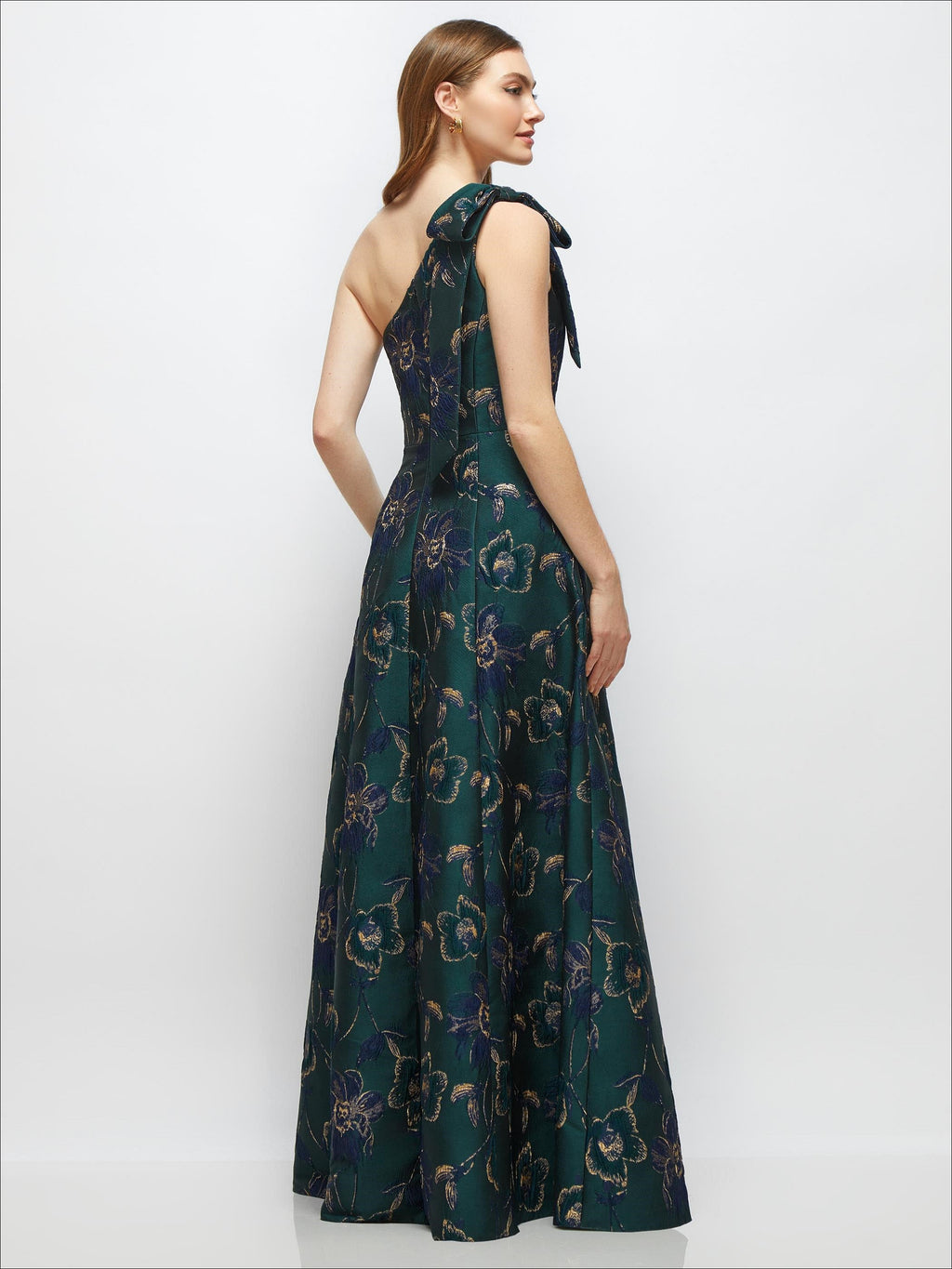 Bow One-Shoulder Full A-Line Oscar Metallic Floral Jacquard Maxi Dress