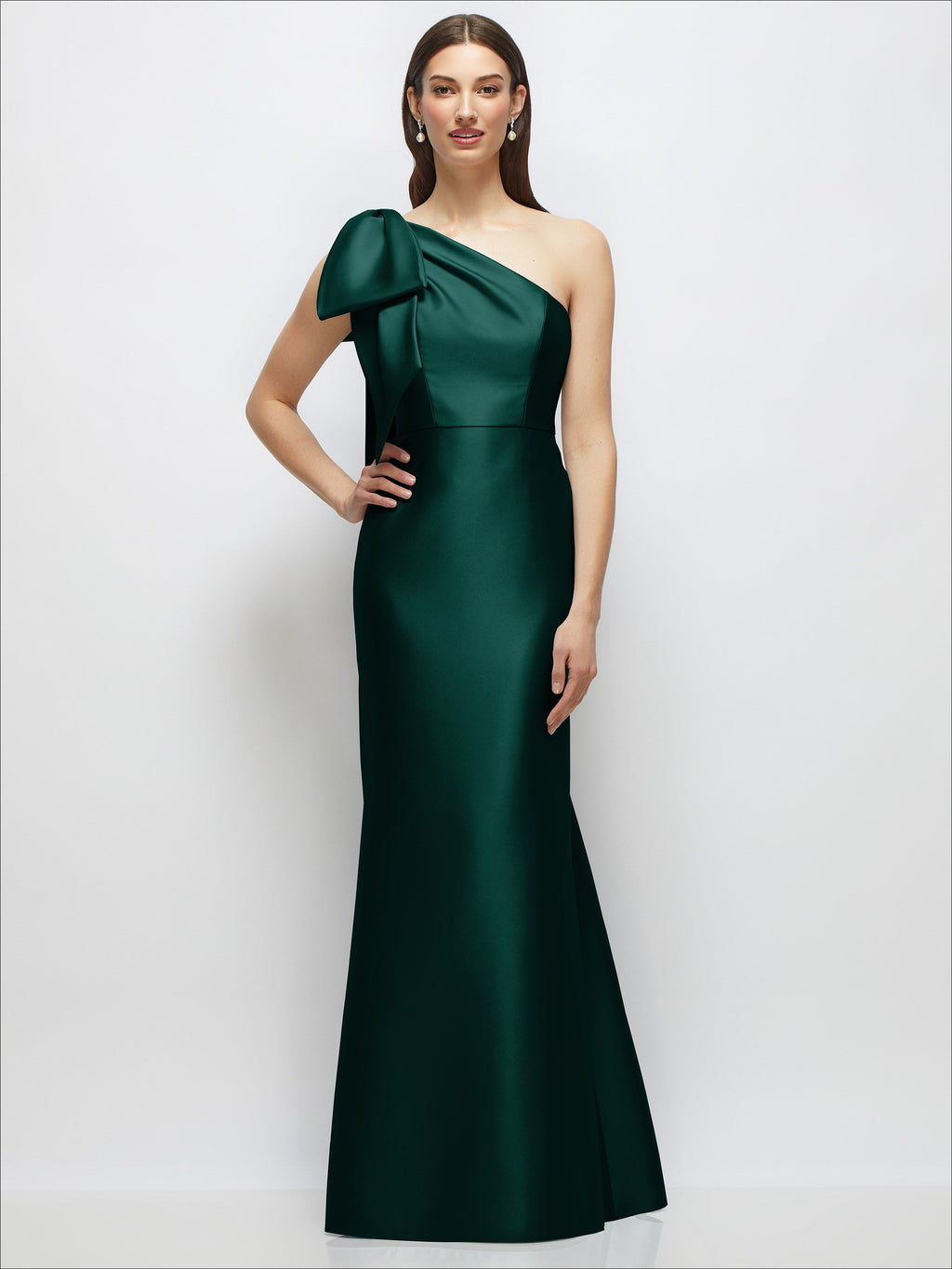 Bow One-Shoulder Satin Maxi Dress with Trumpet Skirt