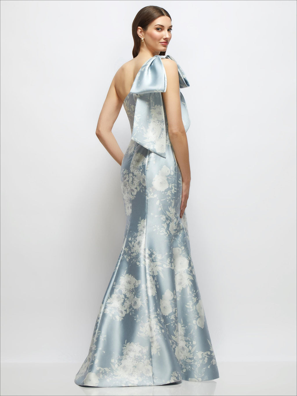 Bow One-Shoulder Satin Floral Maxi Dress with Trumpet Skirt