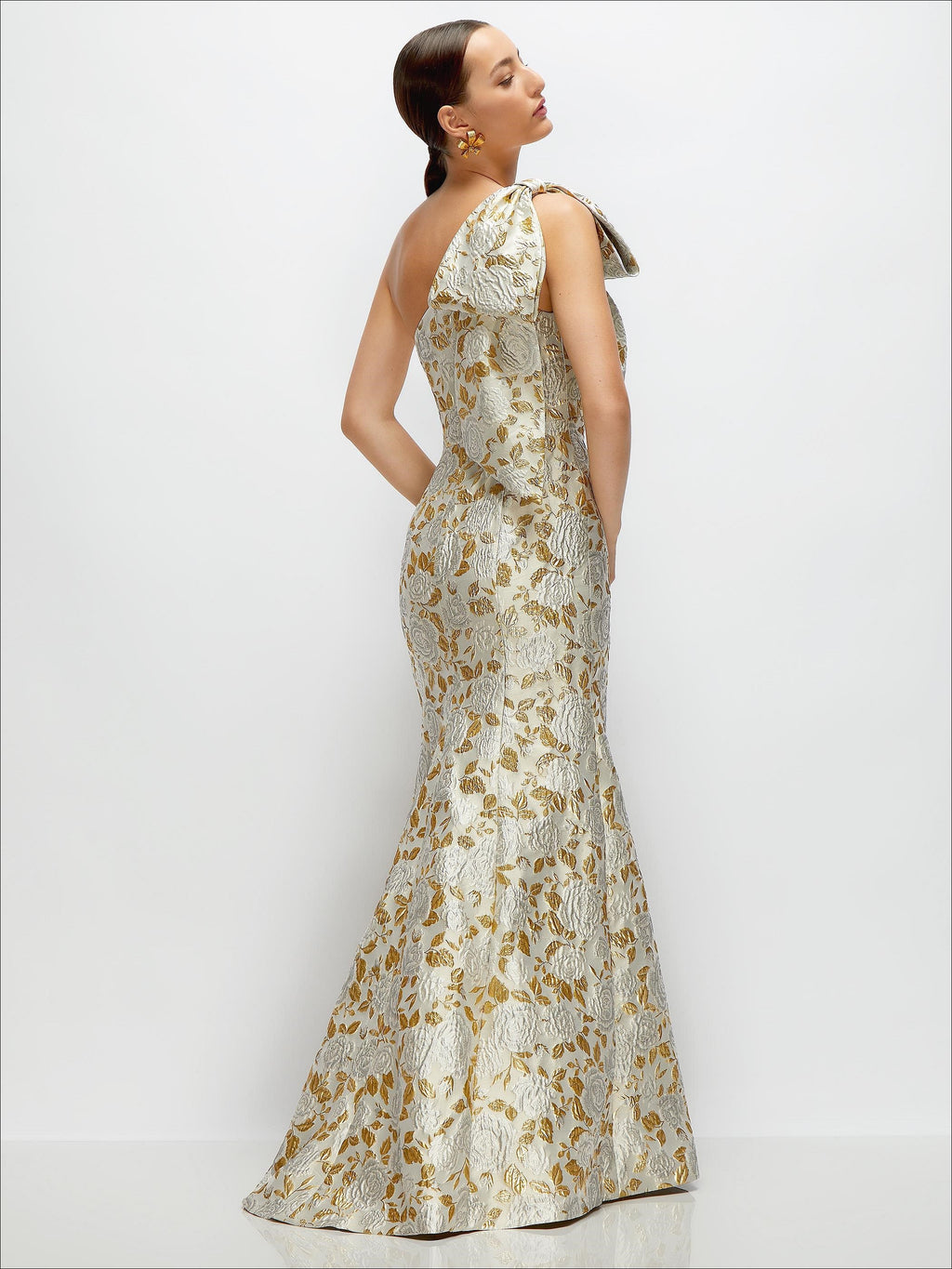 Bow One-Shoulder Gold Leaf Brocade Maxi Dress with Trumpet Skirt