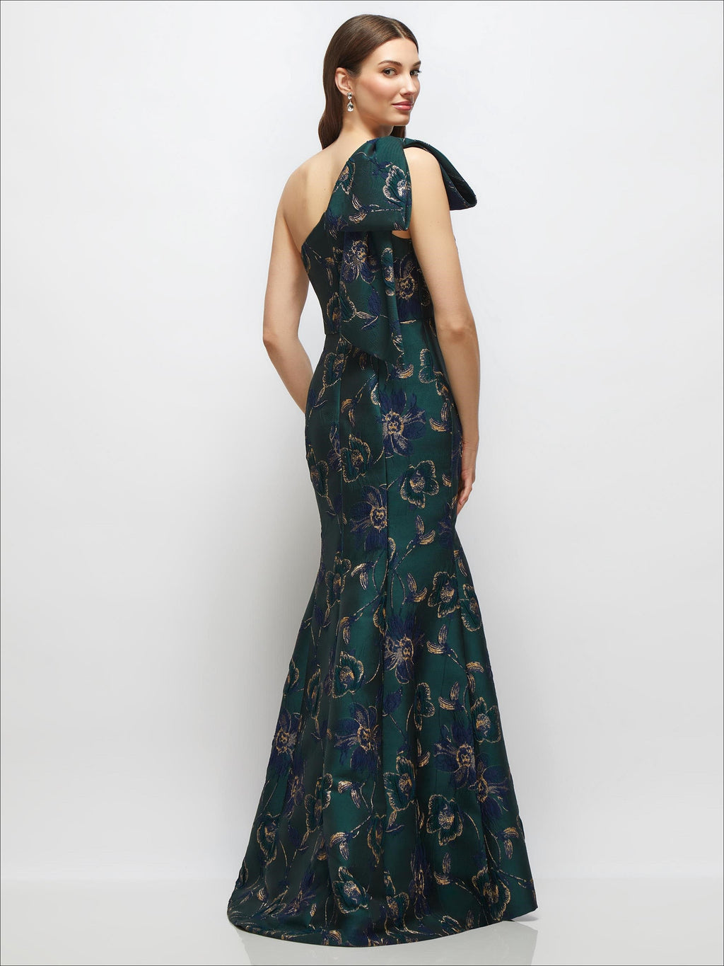 Bow One-Shoulder Oscar Metallic Floral Jacquard Trumpet Maxi Dress