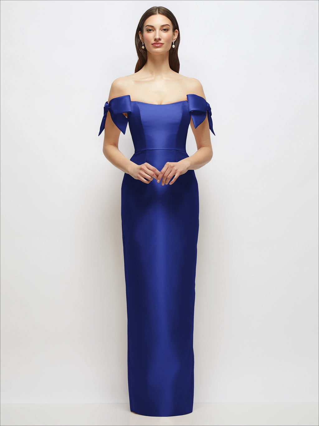 Basque-Neck Satin Column Maxi Dress with Off-the-Shoulder Bows
