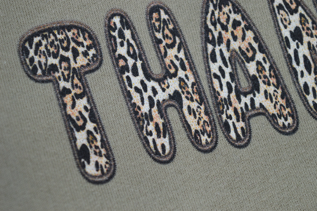 3Blues Designs |   Hazel Blues® |  Thankful Leopard Faux Patch Sweatshirt