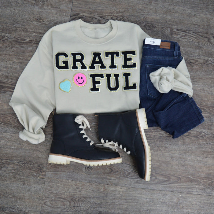 3Blues Designs |   Hazel Blues® |  Grateful Smile Chenille Patch Sweatshirt