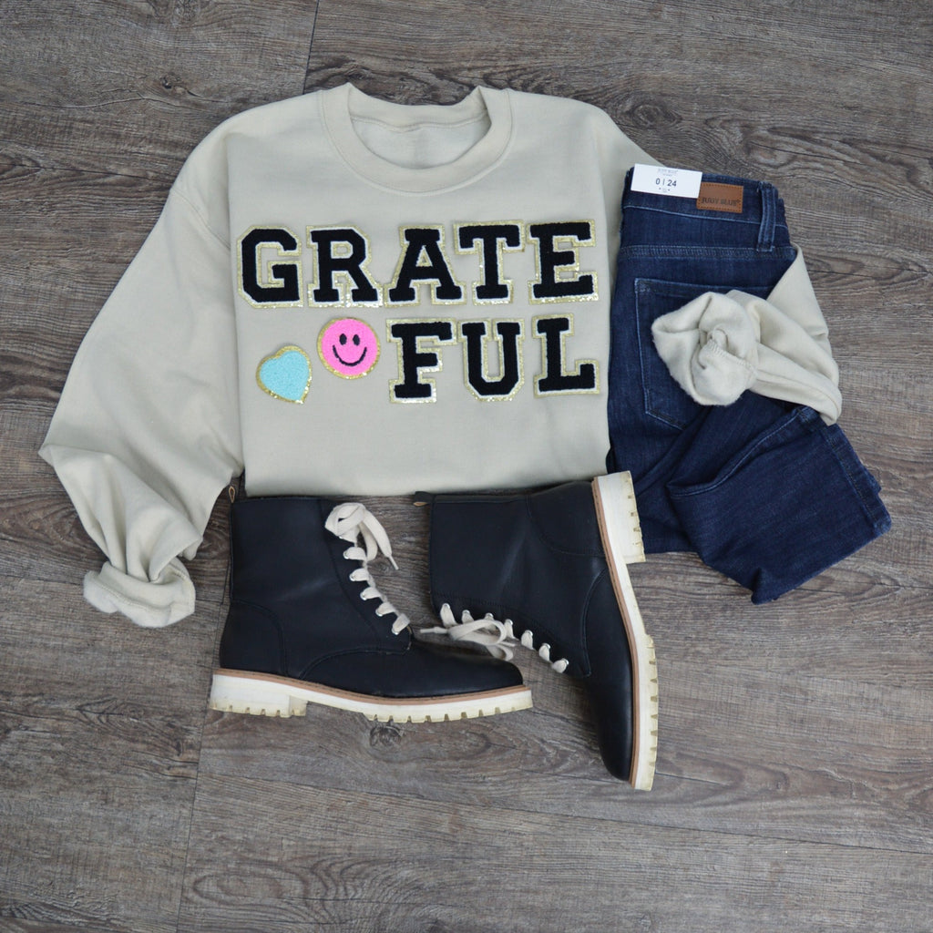 Hazel Blues® |  Grateful Smile Chenille Patch Sweatshirt