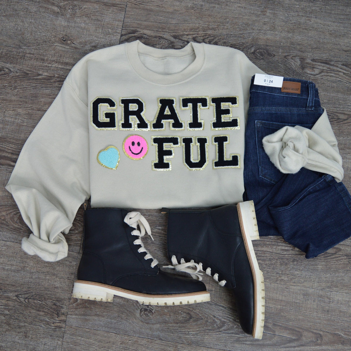 3Blues Designs |   Hazel Blues® |  Grateful Smile Chenille Patch Sweatshirt