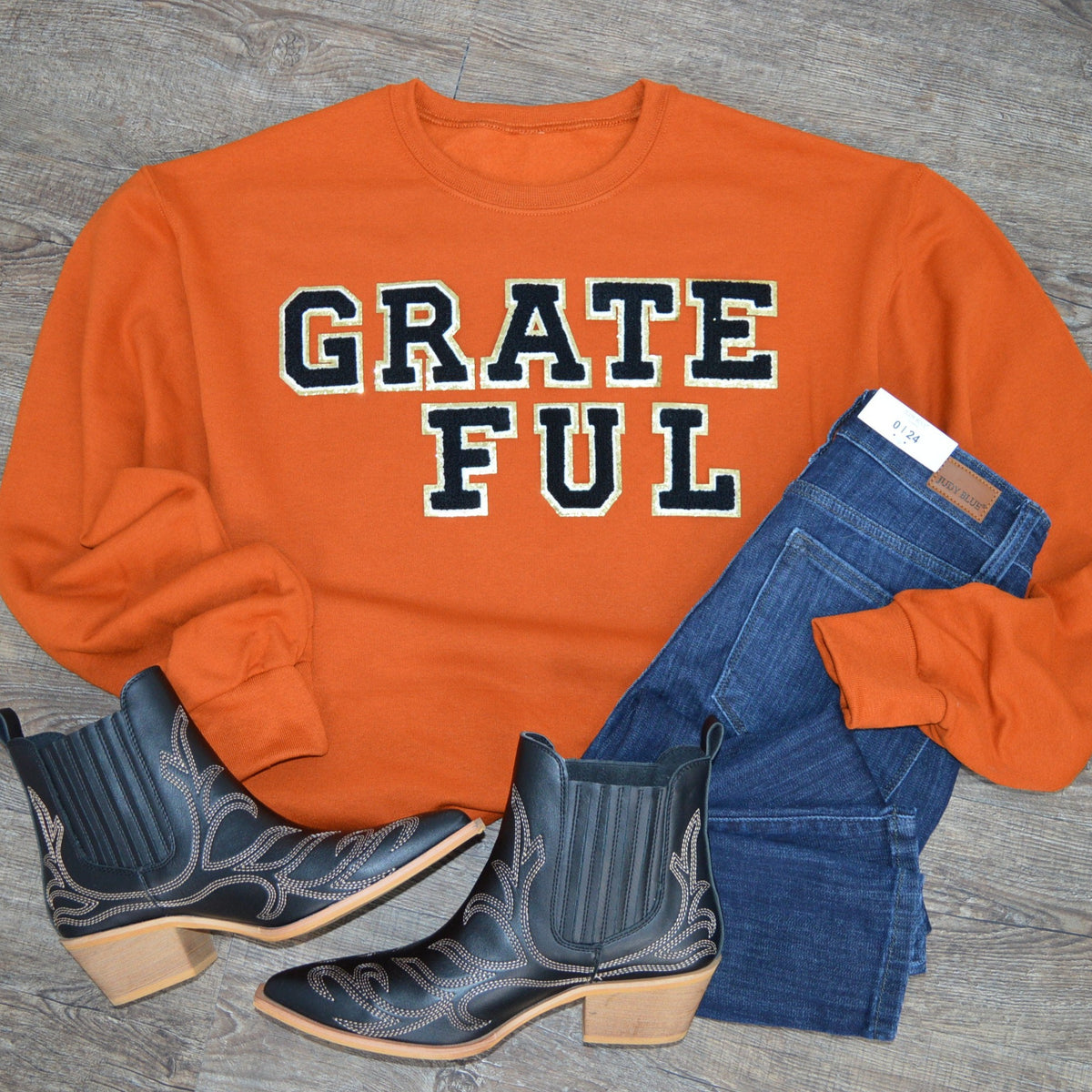 3Blues Designs |   Hazel Blues® |  Grateful Stacked Chenille Patch Sweatshirt