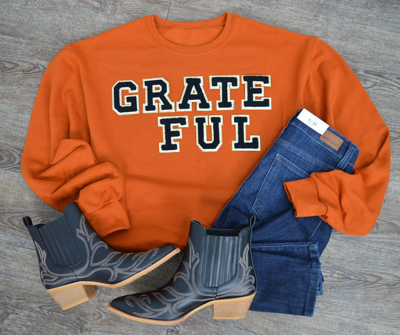 3Blues Designs |   Hazel Blues® |  Grateful Stacked Chenille Patch Sweatshirt