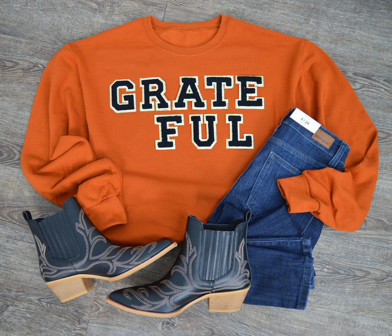 3Blues Designs |   Hazel Blues® |  Grateful Stacked Chenille Patch Sweatshirt