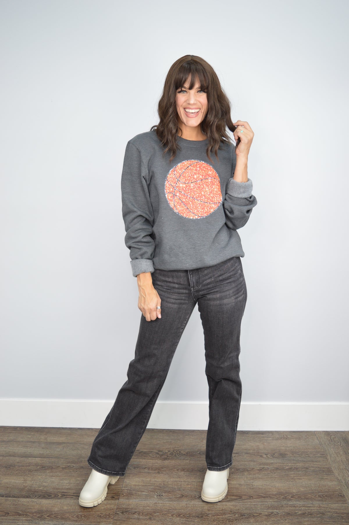 Hazel Blues® |  Large Basketball Faux Glitter Graphic Sweatshirt