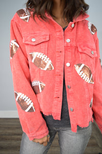 Hazel Blues® | PREORDER Sequin Football Patch Raw Hem Jacket