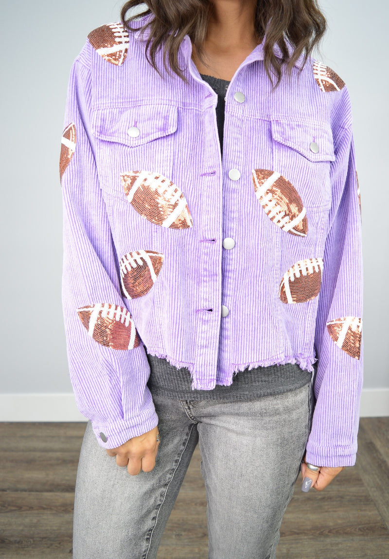 Hazel Blues® | PREORDER Sequin Football Patch Raw Hem Jacket