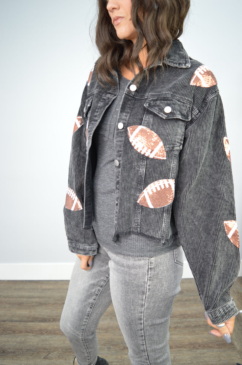 Hazel Blues® | PREORDER Sequin Football Patch Raw Hem Jacket