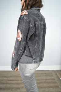 Hazel Blues® | PREORDER Sequin Football Patch Raw Hem Jacket