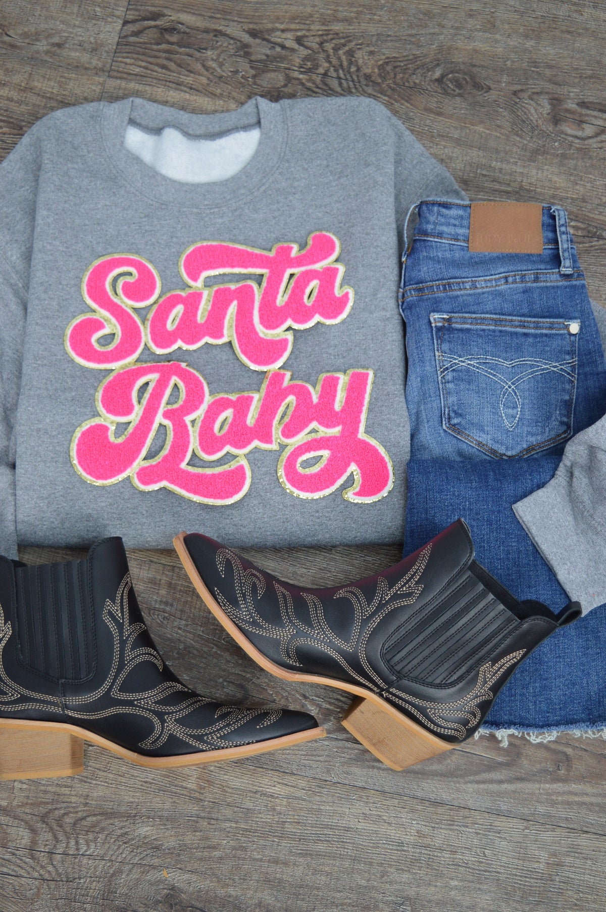 3Blues Designs |   Hazel Blues® |  Santa Baby Chenille Patch Sweatshirt: HOT PINK