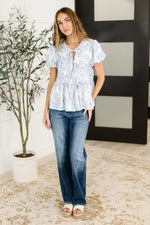 Hazel Blues® |  Dainty Lil' Thing Balloon Sleeve Blouse in Ivory/Blue